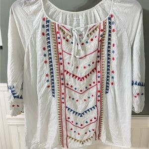 Johnny Was Embroidered White Blouse with Red, Blue, and Gold Accents
